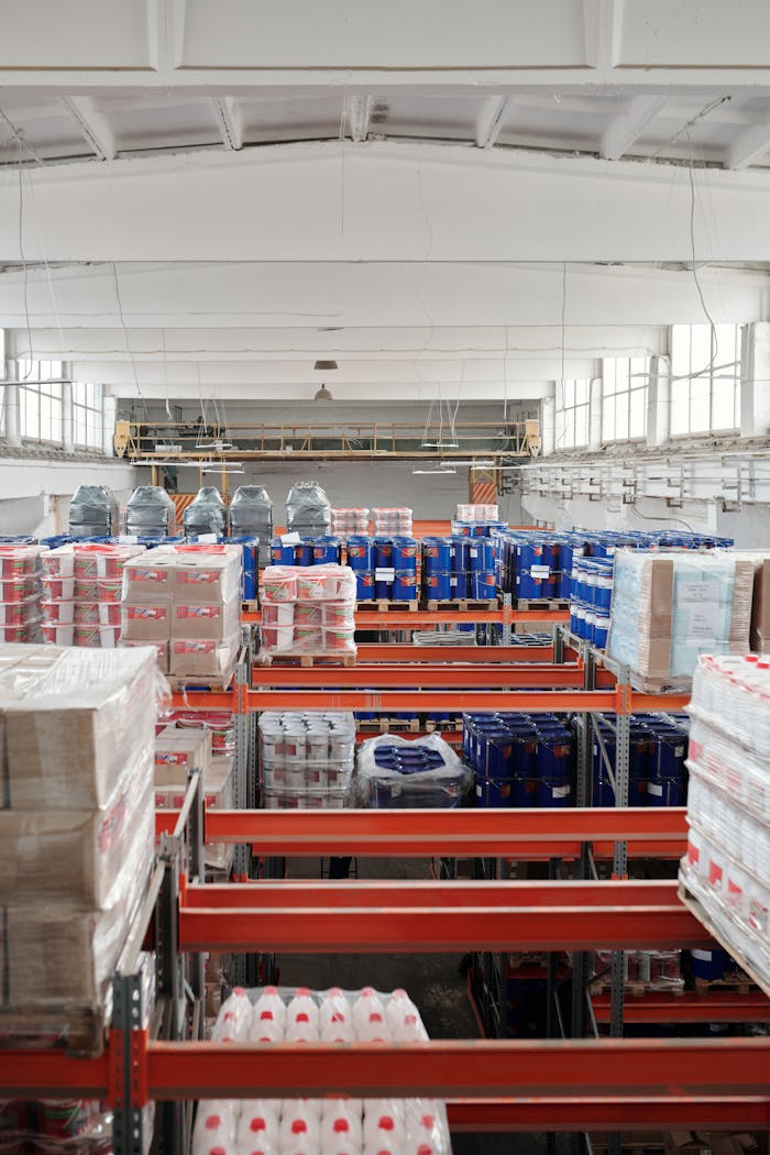 Interior of a large warehouse with neatly organized goods on shelves, ready for shipment.